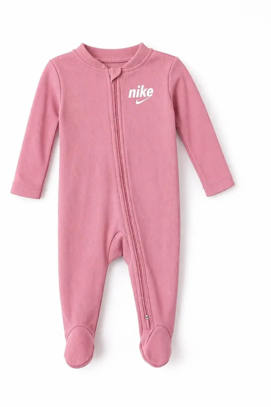 Nike Blush Pink Full-Zip Ribbed Footed Baby Girl Bodysuit